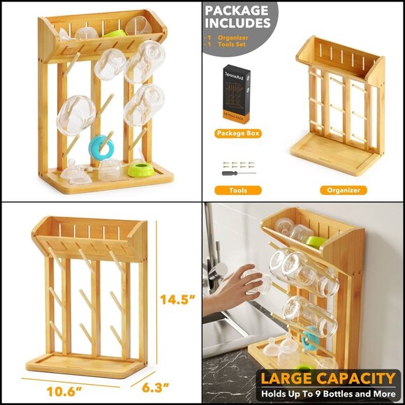 SpaceAid Bamboo Bottle Drying Rack Holds Up to 9 Bottles New in Box Natural - Picture 2 of 4